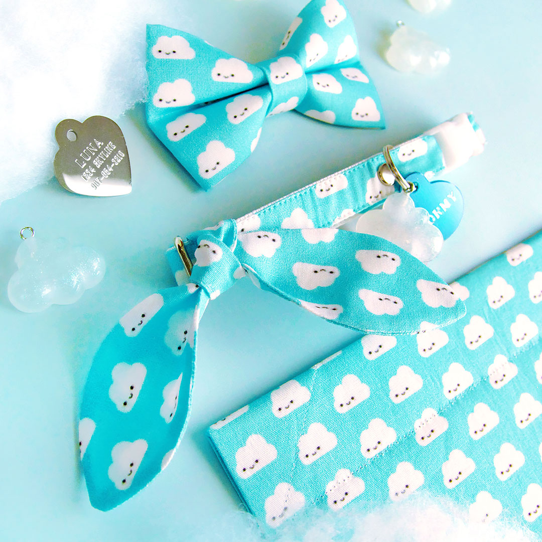 Cloud Cat Bow Tie - "Happy Clouds" - Blue Smiling Cloud Bow Tie for Cat Collar / Birthday, Fun, Kawaii / Cat, Kitten + Small Dog Bowtie