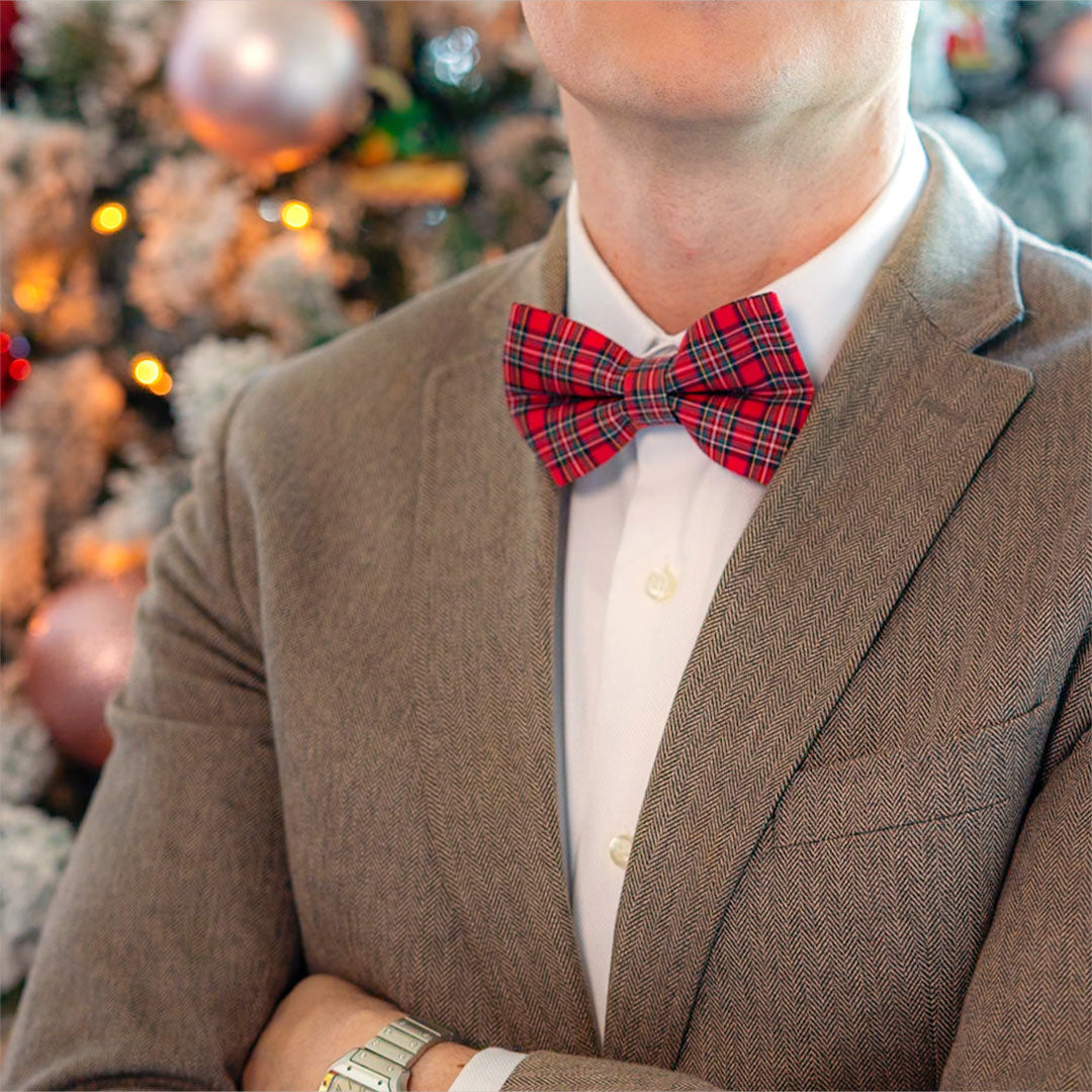 Men's Red Holiday Plaid Bow Tie - "Hearthside" - Christmas, Wedding & Special Occasions | Easy Clip-On Style (ADULT SIZE)