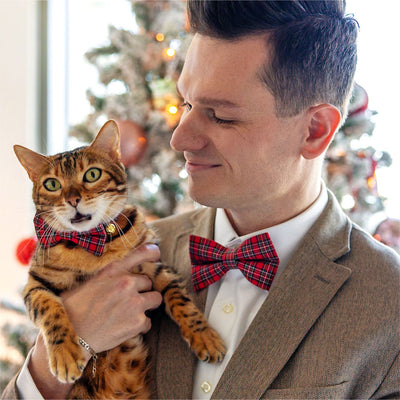 Men's Red Holiday Plaid Bow Tie - "Hearthside" - Christmas, Wedding & Special Occasions | Easy Clip-On Style (ADULT SIZE)