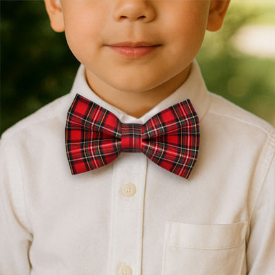 Boy's Red Holiday Plaid Bow Tie - "Hearthside" - Christmas, Wedding & Special Occasions | Easy Clip-On Style (CHILD SIZE)