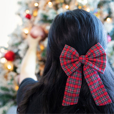 Girl's Hairbow With Long Tails - "Hearthside" - Classic Red Holiday Tartan Plaid for Christmas, Wedding & Special Occasions | Clip-On Bow (GIRL'S / WOMEN'S)