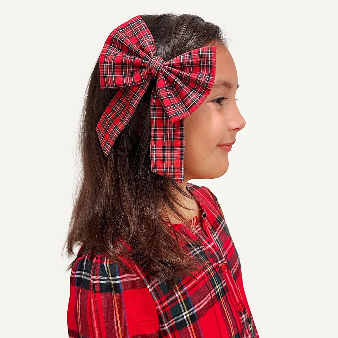 Girl's Hairbow With Long Tails - "Hearthside" - Classic Red Holiday Tartan Plaid for Christmas, Wedding & Special Occasions | Clip-On Bow (GIRL'S / WOMEN'S)