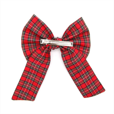 Girl's Hairbow With Long Tails - "Hearthside" - Classic Red Holiday Tartan Plaid for Christmas, Wedding & Special Occasions | Clip-On Bow (GIRL'S / WOMEN'S)