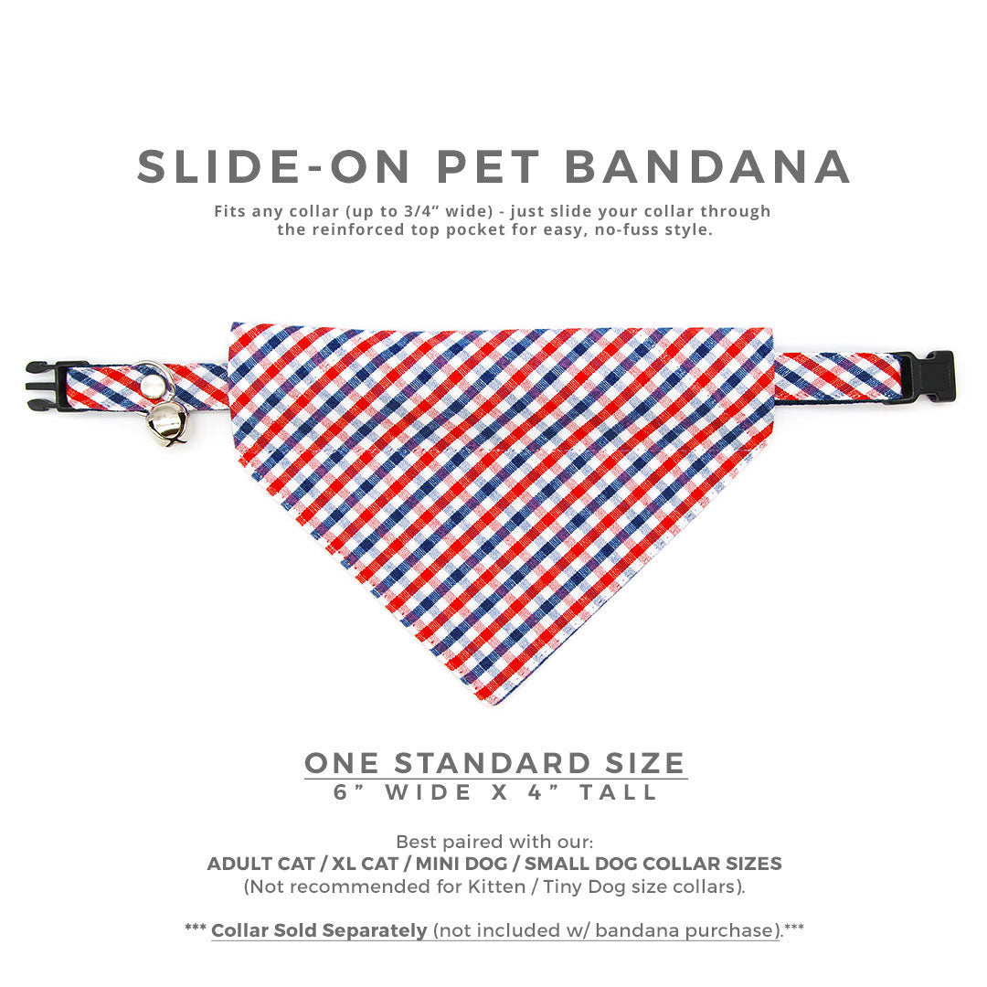 Pet Bandana - "Heritage" - Gingham Red White & Blue Plaid Bandana for Cat + Small Dog / Patriotic, Independence Day / Slide-on Bandana / Over-the-Collar (One Size)