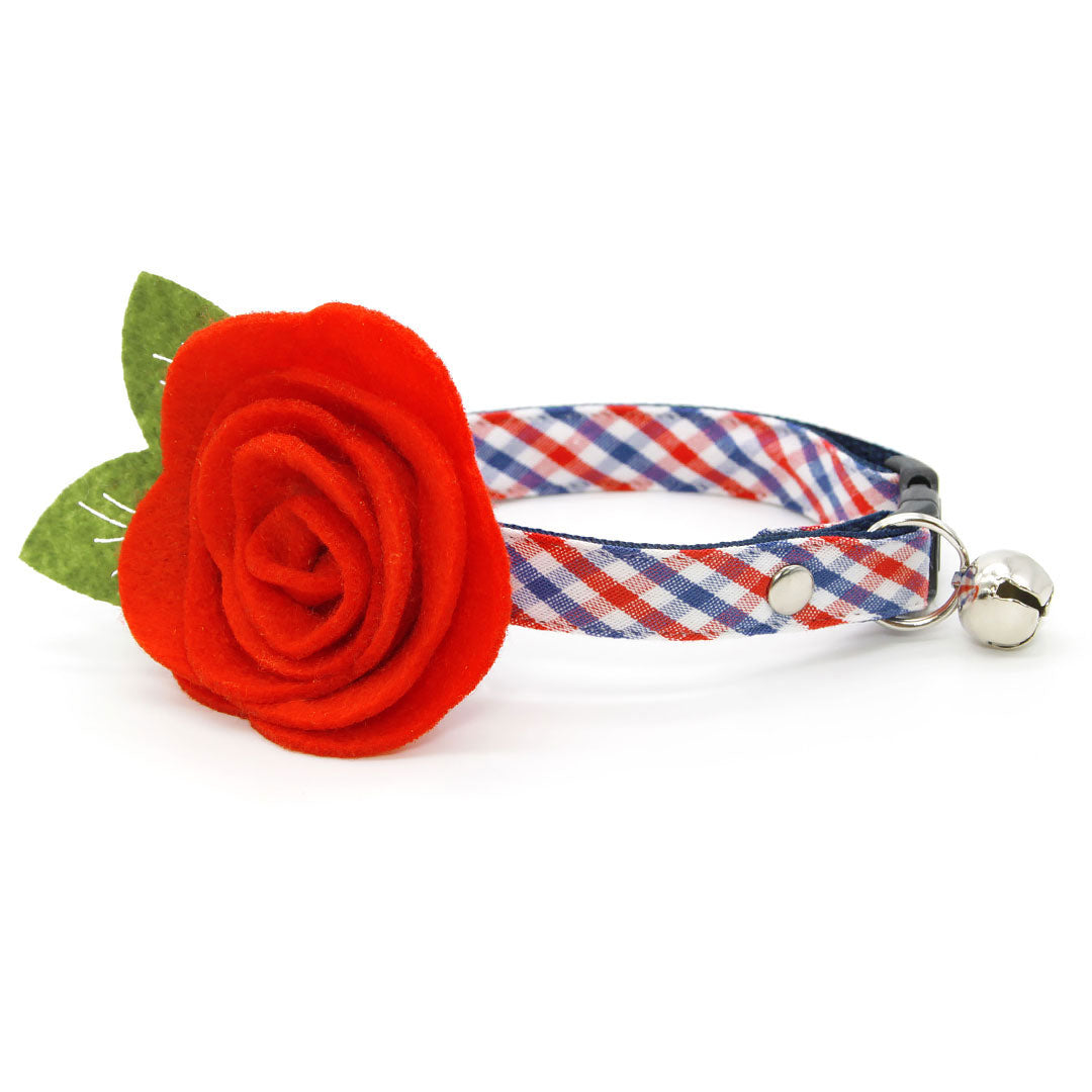 Cat Collar + Flower Set - "Heritage" - Gingham Red White & Blue Plaid Cat Collar w/ Scarlet Red Felt Flower (Detachable)