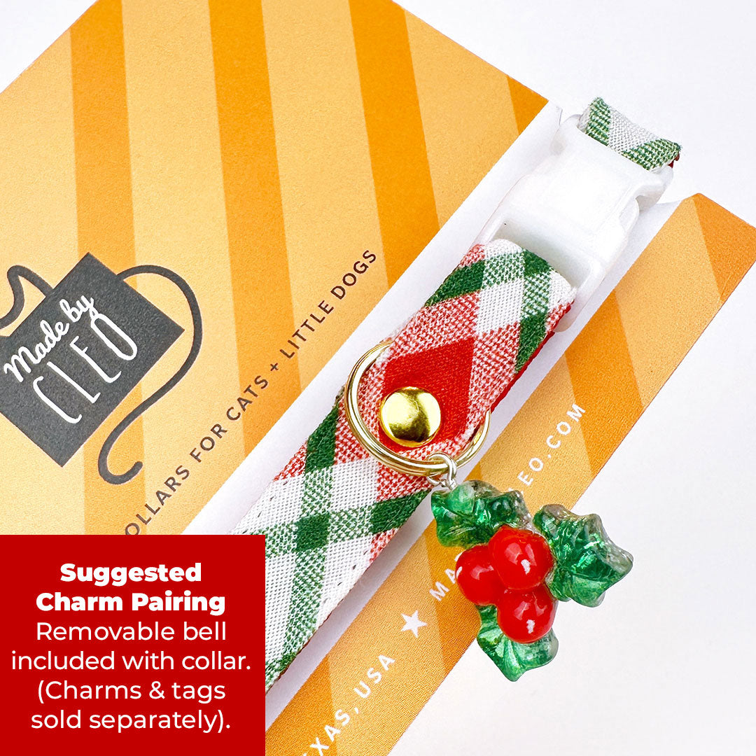 Cat Collar + Flower Set - "Jolly Plaid" - Red & White Christmas Plaid Cat Collar + Specialty Christmas Red Poinsettia Felt Flower (Detachable)