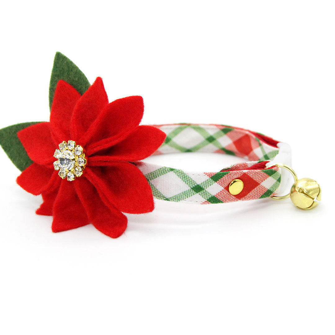 Cat Collar + Flower Set - "Jolly Plaid" - Red & White Christmas Plaid Cat Collar + Specialty Christmas Red Poinsettia Felt Flower (Detachable)