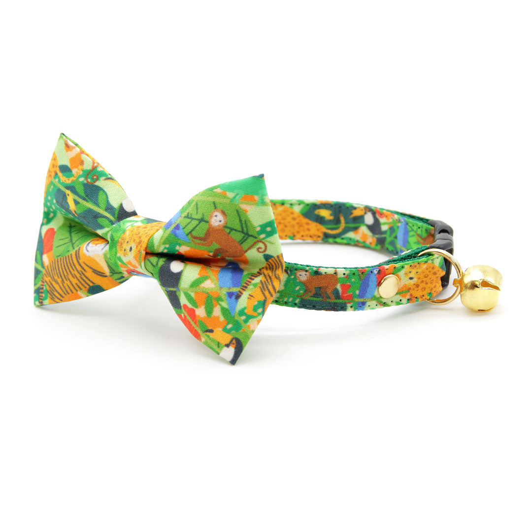 Cat Collar - "Jungle Vibes" - Green Cat Collar / Nature, Rainforest, Safari Animals / Breakaway Buckle or Non-Breakaway / Cat, Kitten + Small Dog Sizes