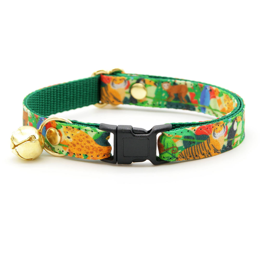 Cat Collar + Flower Set - "Jungle Vibes" - Tropical Rainforest Animals Cat Collar w/ Scarlet Red Felt Flower (Detachable)