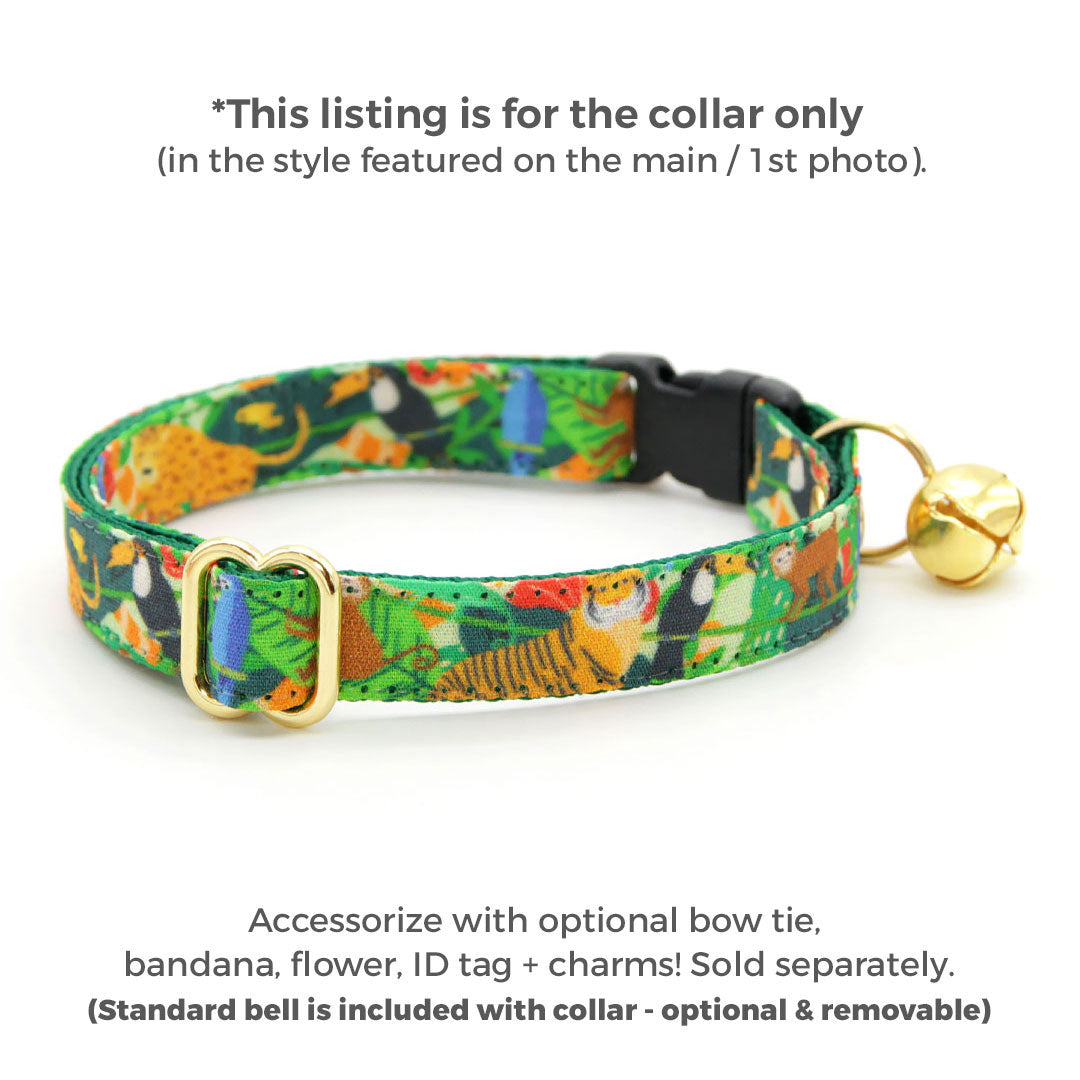 Cat Collar - "Jungle Vibes" - Green Cat Collar / Nature, Rainforest, Safari Animals / Breakaway Buckle or Non-Breakaway / Cat, Kitten + Small Dog Sizes