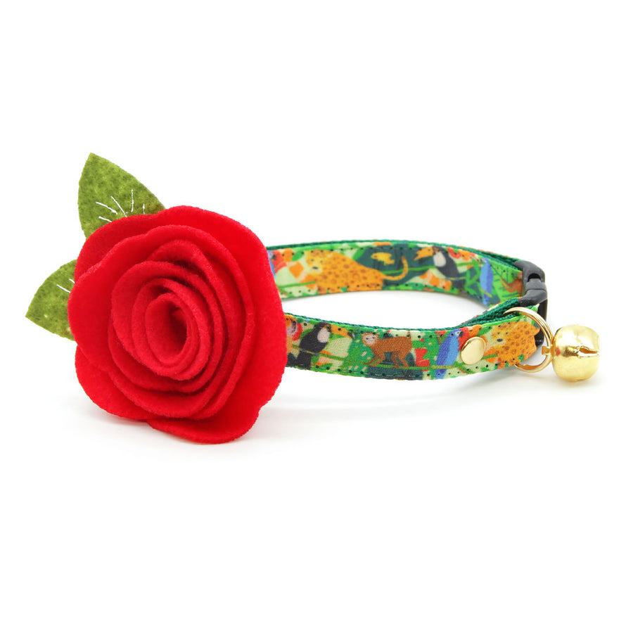 Cat Collar + Flower Set - "Jungle Vibes" - Tropical Rainforest Animals Cat Collar w/ Scarlet Red Felt Flower (Detachable)