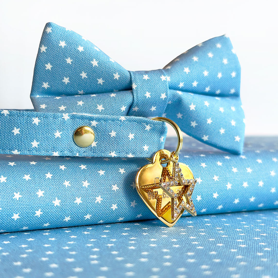 Chambray Bow Tie Cat Collar Set - "Lucky Star" - Light Blue Star Cat Collar with Bow Tie / Spring + Summer / Cat, Kitten, Small Dog Sizes