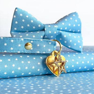 Chambray Bow Tie Cat Collar Set - "Lucky Star" - Light Blue Star Cat Collar with Bow Tie / Spring + Summer / Cat, Kitten, Small Dog Sizes