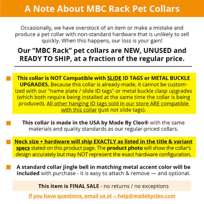 MBC Rack - (8-13 Inch) Pet Collar - "CAMPFIRE" - (BLACK NON-BREAKAWAY Clasp / GOLD Hardware Accents / Metal D-Ring) - Sold As Configured - Final SALE