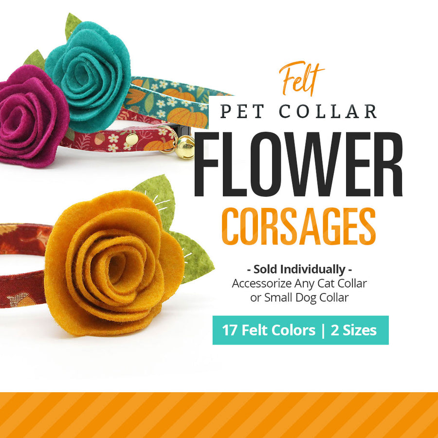 Pet Flower Corsages (17 Felt Colors) - Sold Individually - For Cat Collar + Small Dog Collar / Wedding Pet / Standard or Mini Size Option