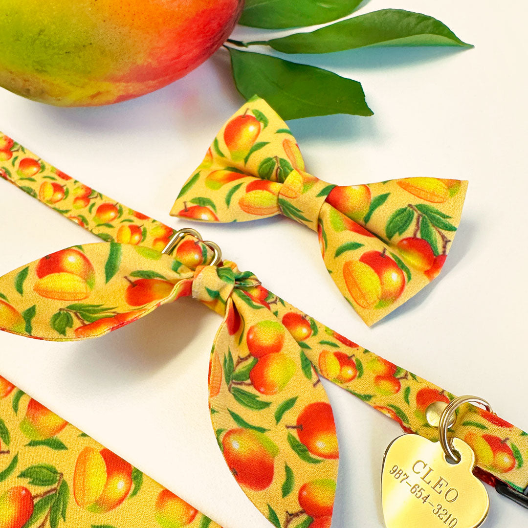 Mango Cat Bow Tie - "Mango Tango" - Yellow Fruit Mangoes Bow Tie for Cat Collar / Tropical, Summer, Fun / Cat, Kitten + Small Dog Bowtie