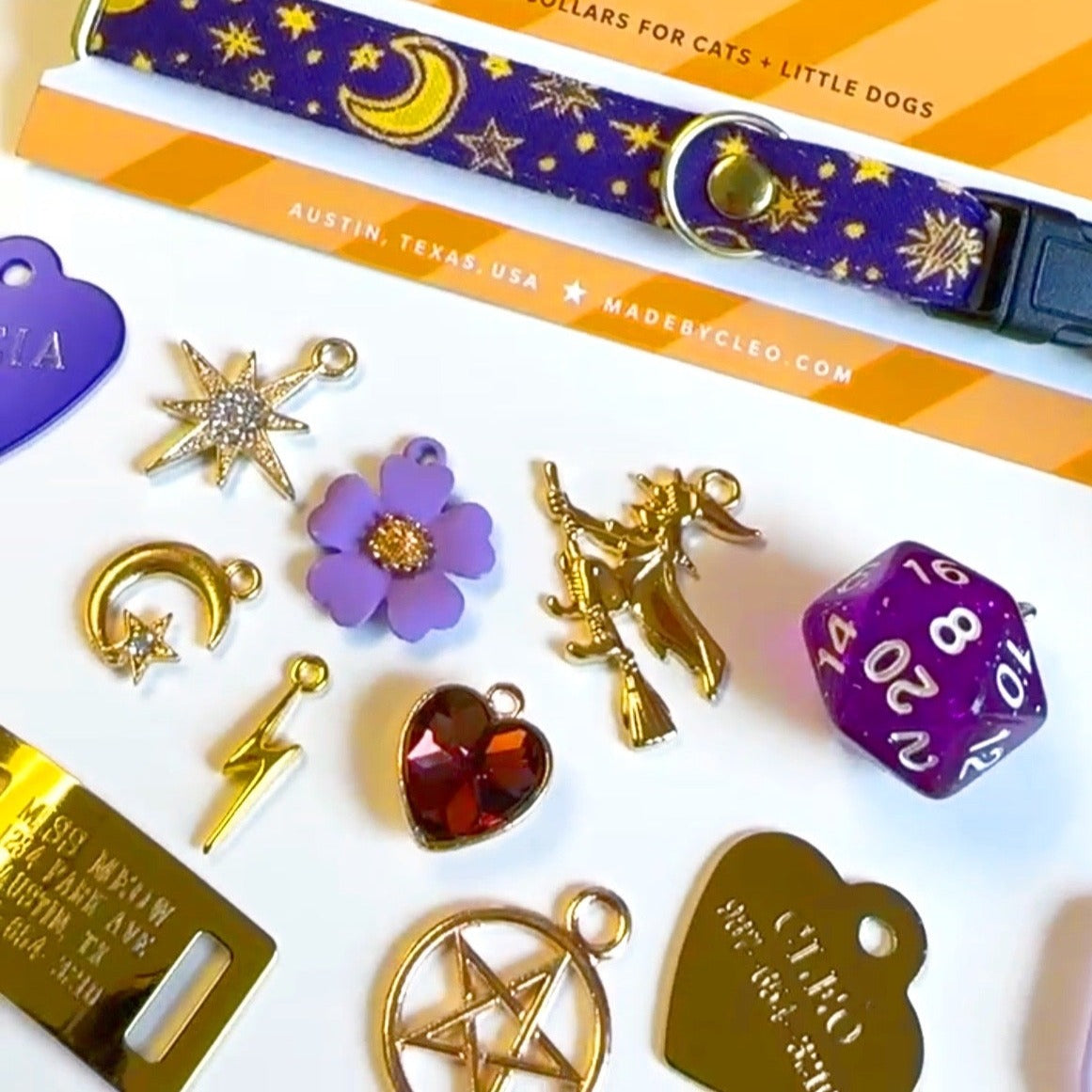 Cat Collar - "Moonlight - Purple" - Moon & Stars Cat Collar / Magical, DnD, D20, Fantasy, Zodiac, Night, Celestial / Breakaway Buckle or Non-Breakaway / Cat, Kitten + Small Dog Sizes