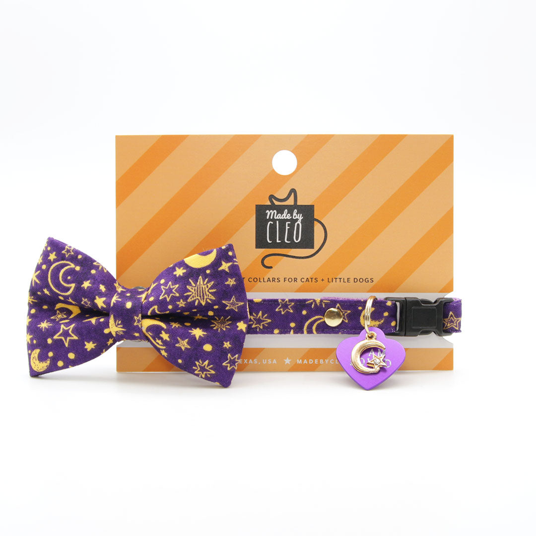 Cat Collar - "Moonlight - Purple" - Moon & Stars Cat Collar / Magical, DnD, D20, Fantasy, Zodiac, Night, Celestial / Breakaway Buckle or Non-Breakaway / Cat, Kitten + Small Dog Sizes