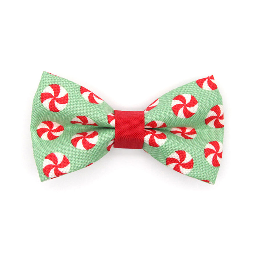 Christmas Pet Bow Tie - "Peppermint Twist" - Red & Green Holiday Candy Bowtie for Pet Collar / For Cats + Small Dogs / Removable (One Size)