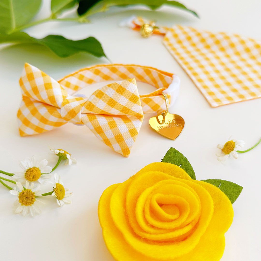 Bow Tie Cat Collar Set - "Picnic" - Gingham Plaid Yellow Cat Collar w/ Matching Bowtie / Spring, Easter, Summer, Wedding / Cat, Kitten, Small Dog Sizes