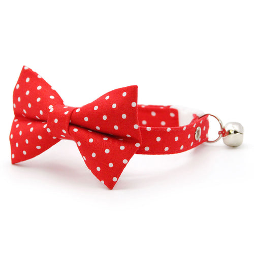 Bow Tie Cat Collar Set - "Polka Dot - Red" - Red Polka Dot Cat Collar w/ Matching Bowtie / Wedding, Valentine's Day / Cat, Kitten, Small Dog Sizes
