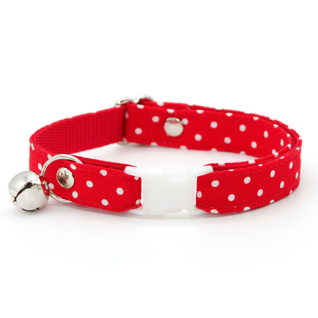 Cat Collar + Flower Set - "Polka Dot - Red" - Red Polka Dot Cat Collar w/ Scarlet Felt Flower (Detachable)