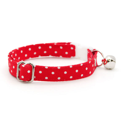 Cat Collar + Flower Set - "Polka Dot - Red" - Red Polka Dot Cat Collar w/ Scarlet Felt Flower (Detachable)