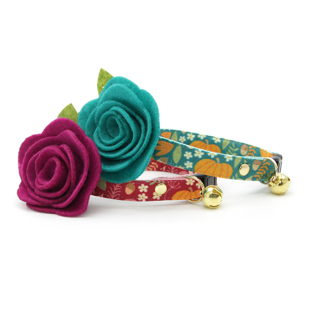 Cat Collar - "Pumpkin Patch - Teal" - Harvest Fall Cat Collar - Breakaway Buckle or Non-Breakaway / Cat, Kitten + Small Dog Sizes