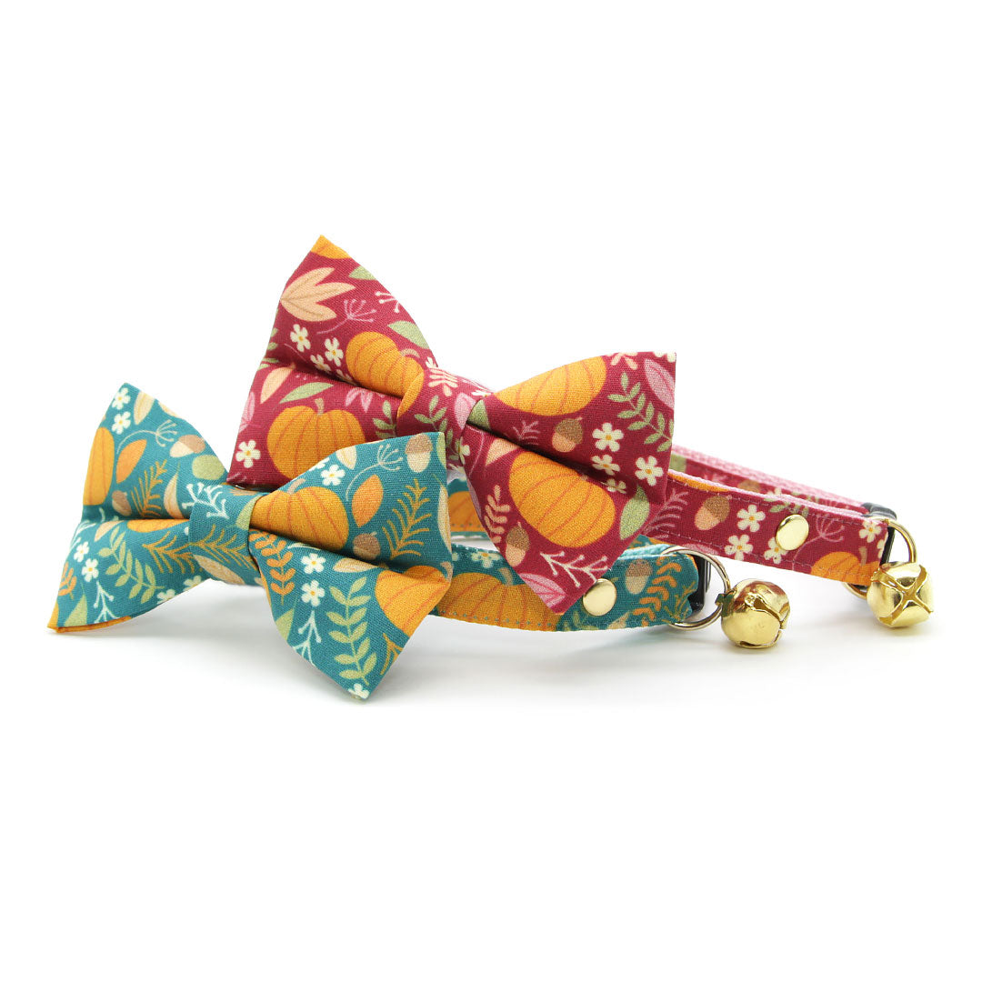 Bow Tie Cat Collar Set - "Pumpkin Patch - Teal" - Fall Harvest Cat Collar w/ Matching Bowtie (Removable) / Fall + Thanksgiving