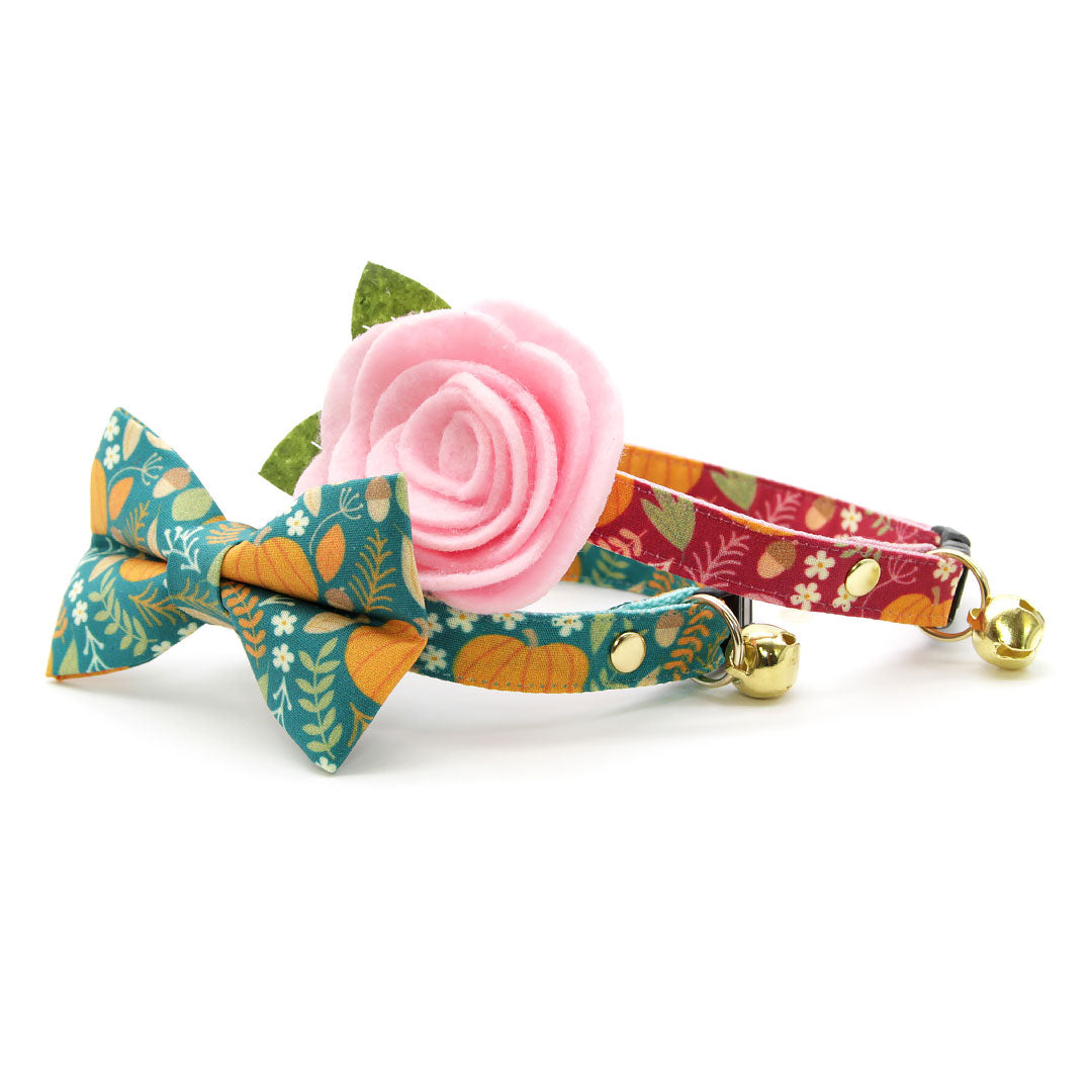 Cat Collar - "Pumpkin Patch - Teal" - Harvest Fall Cat Collar - Breakaway Buckle or Non-Breakaway / Cat, Kitten + Small Dog Sizes