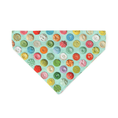 Pet Bandana - "Rainbow Buttons" - Colorful Buttons on Mint Bandana for Cat + Small Dog / Slide-on Bandana / Over-the-Collar (One Size)