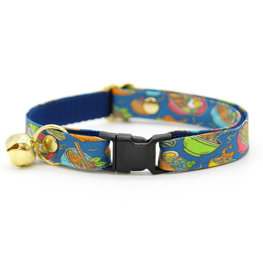 MBC Rack - (8-13 Inch) Pet Collar - "Ramen Love - Blue" - (BLACK NON-BREAKAWAY Clasp / GOLD Hardware Accents / Metal D-Ring) - Sold As Configured - Final SALE