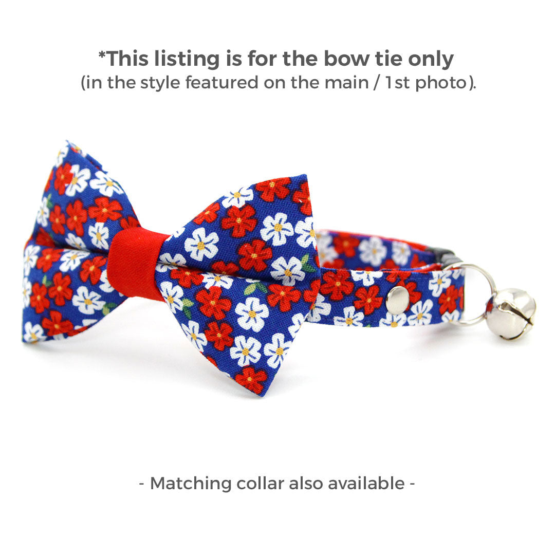 4th of July Cat Bow Tie - "Red White & Bloom" - Blue Red Floral Bow Tie for Cat Collar / Patriotic, Summer / Cat, Kitten + Small Dog Bowtie