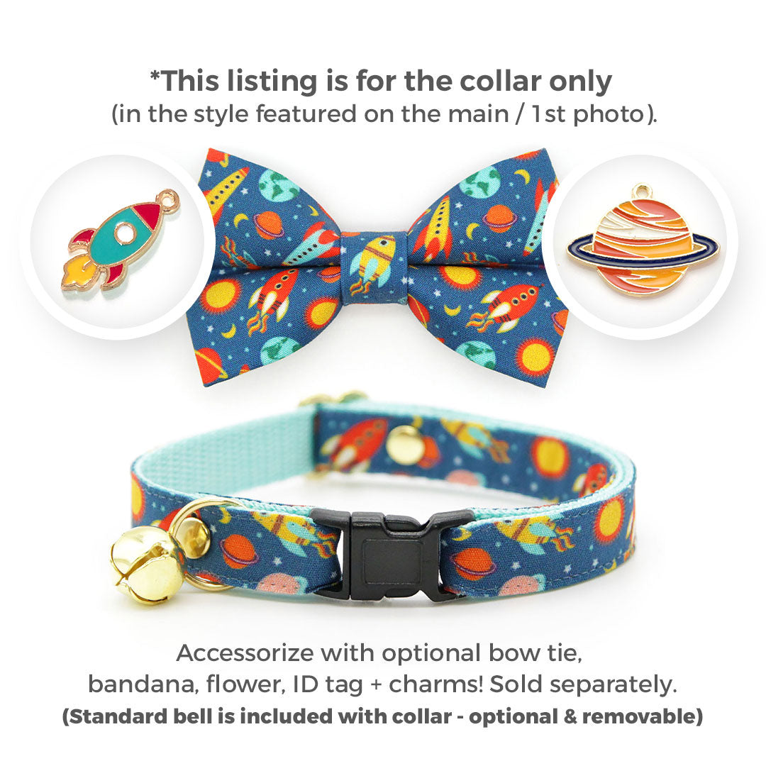 Cat Collar - "Retro Rockets" - Space Themed Cat Collar / Sci-Fi, Outer Space, Space Ship, Galaxy, Planets, Science, HG Wells, NASA  / Breakaway Buckle or Non-Breakaway / Cat, Kitten + Small Dog Sizes