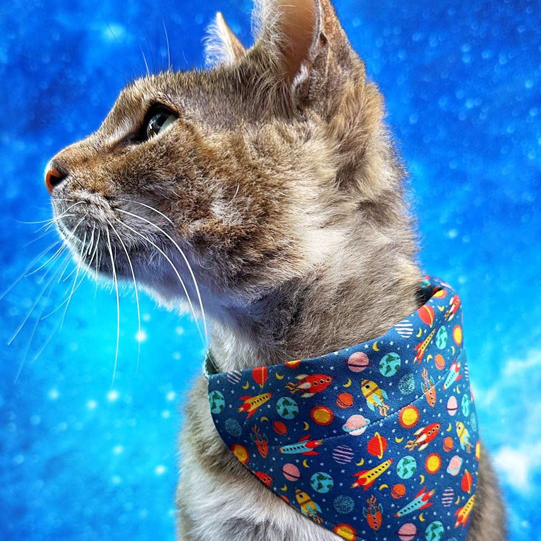 Cat Bandana - "Retro Rockets" - Outer Space Bandana for Cat + Small Dog / Astronomy, NASA, Science, Sci-Fi, Spaceship, Planets, Galaxy / Slide-On Over the Collar Bandana