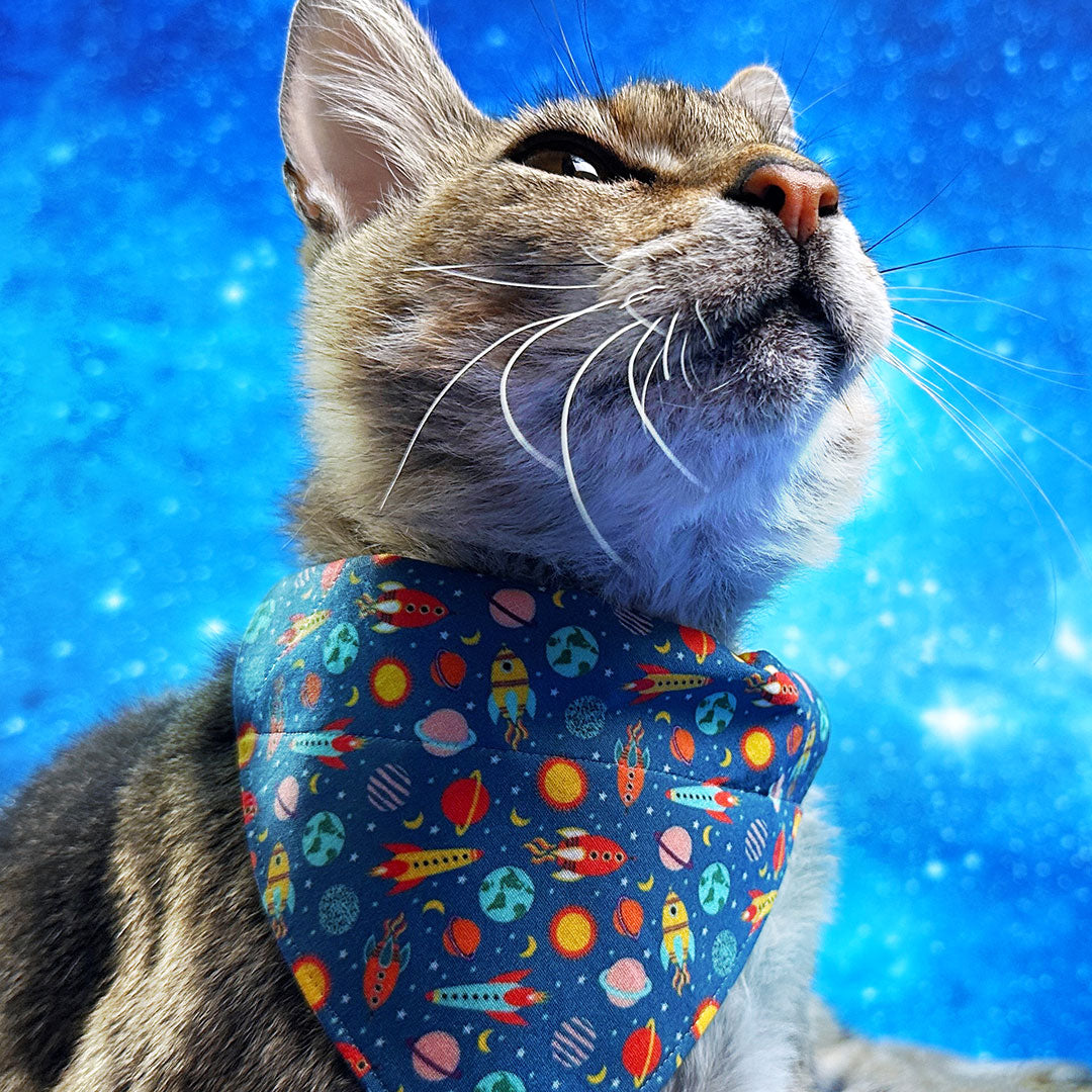 Cat Bandana - "Retro Rockets" - Outer Space Bandana for Cat + Small Dog / Astronomy, NASA, Science, Sci-Fi, Spaceship, Planets, Galaxy / Slide-On Over the Collar Bandana