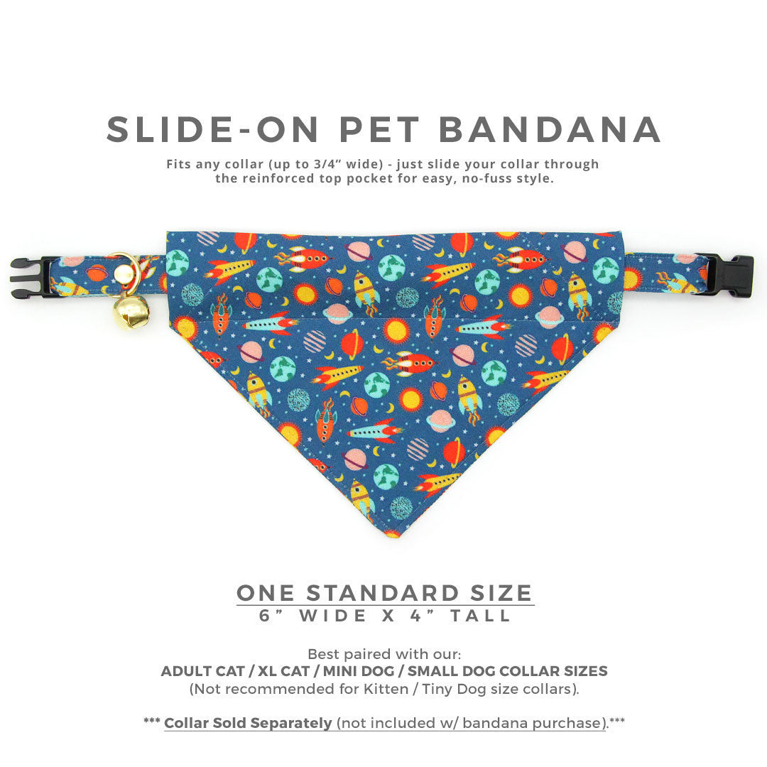 Cat Bandana - "Retro Rockets" - Outer Space Bandana for Cat + Small Dog / Astronomy, NASA, Science, Sci-Fi, Spaceship, Planets, Galaxy / Slide-On Over the Collar Bandana