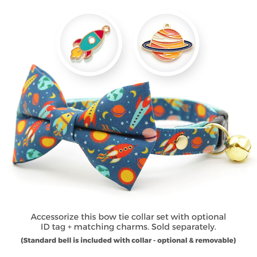 Bow Tie Cat Collar Set - "Retro Rockets" - Space Cat Collar w/ Matching Bowtie / Galaxy, Planets, Sci-Fi, Spaceship, NASA, Astronomy / Cat + Small Dog