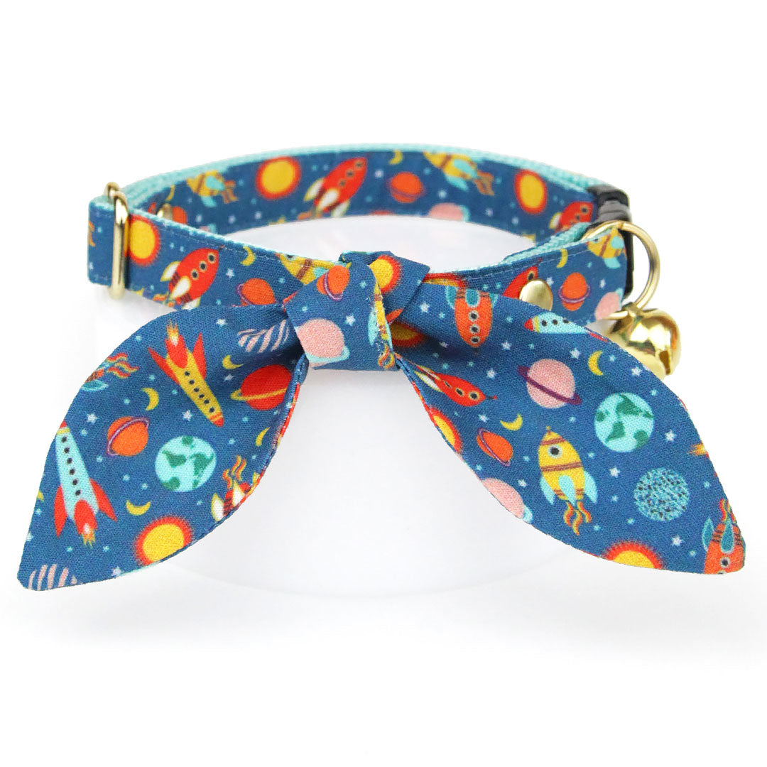 Cat Collar & Bunny Ear Bow Set - "Retro Rockets" - Space Cat Collar w/ Matching Bunny Bow Tie / Astronomy, Galaxy, Planets, Sci-Fi, Spaceship, Science / Tie-On Scarf / Cat, Kitten + Small Dog Sizes
