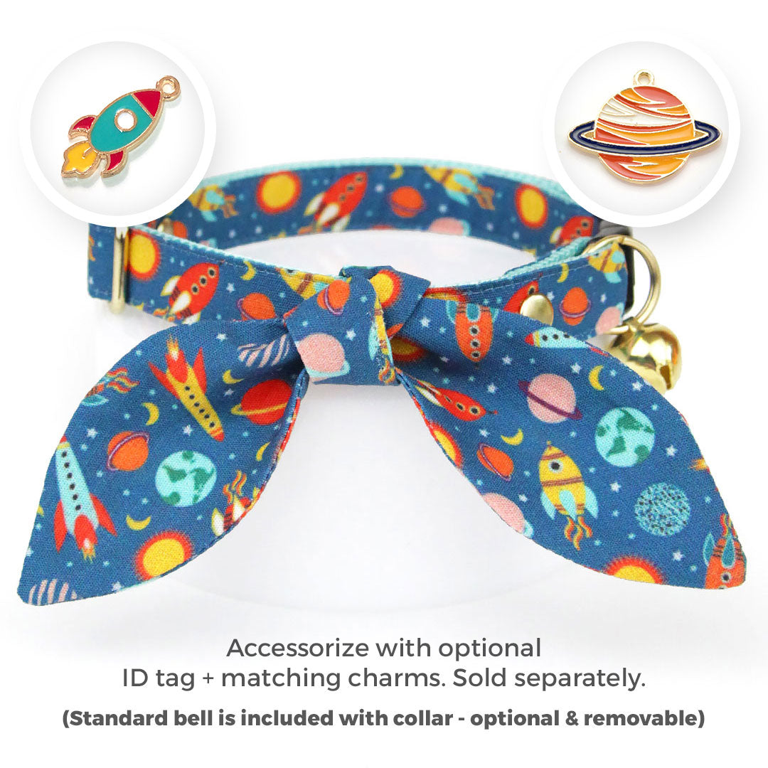 Cat Collar & Bunny Ear Bow Set - "Retro Rockets" - Space Cat Collar w/ Matching Bunny Bow Tie / Astronomy, Galaxy, Planets, Sci-Fi, Spaceship, Science / Tie-On Scarf / Cat, Kitten + Small Dog Sizes