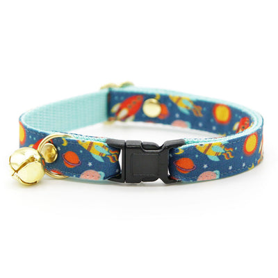 Cat Collar + Flower Set - "Retro Rockets" - Space Cat Collar w/ Scarlet Red Felt Flower (Detachable) / Cat, Kitten + Small Dog Sizes