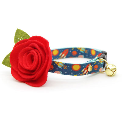 Cat Collar + Flower Set - "Retro Rockets" - Space Cat Collar w/ Scarlet Red Felt Flower (Detachable) / Cat, Kitten + Small Dog Sizes