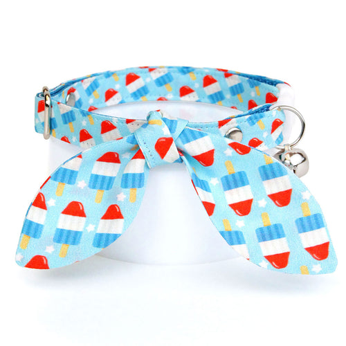 Cat Collar & Bunny Ear Bow Set - "Rocket Pop" - Red White Blue Popsicle Cat Collar w/ Matching Bunny Bow Tie / USA, 4th of July, Summer, Patriotic / Tie-On Scarf / Cat, Kitten + Small Dog Sizes