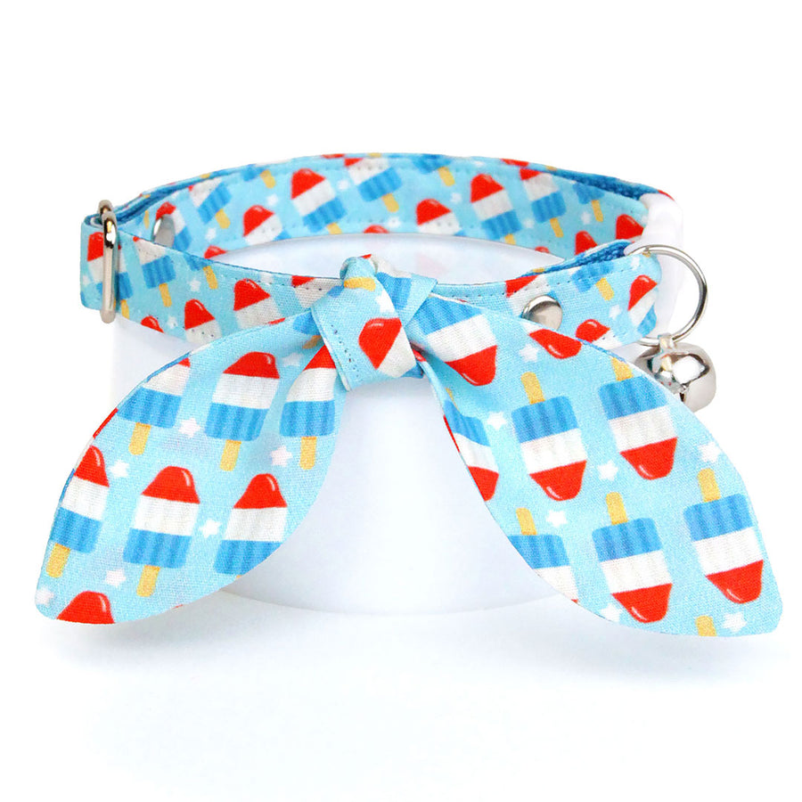 Cat Collar & Bunny Ear Bow Set - "Rocket Pop" - Red White Blue Popsicle Cat Collar w/ Matching Bunny Bow Tie / USA, 4th of July, Summer, Patriotic / Tie-On Scarf / Cat, Kitten + Small Dog Sizes