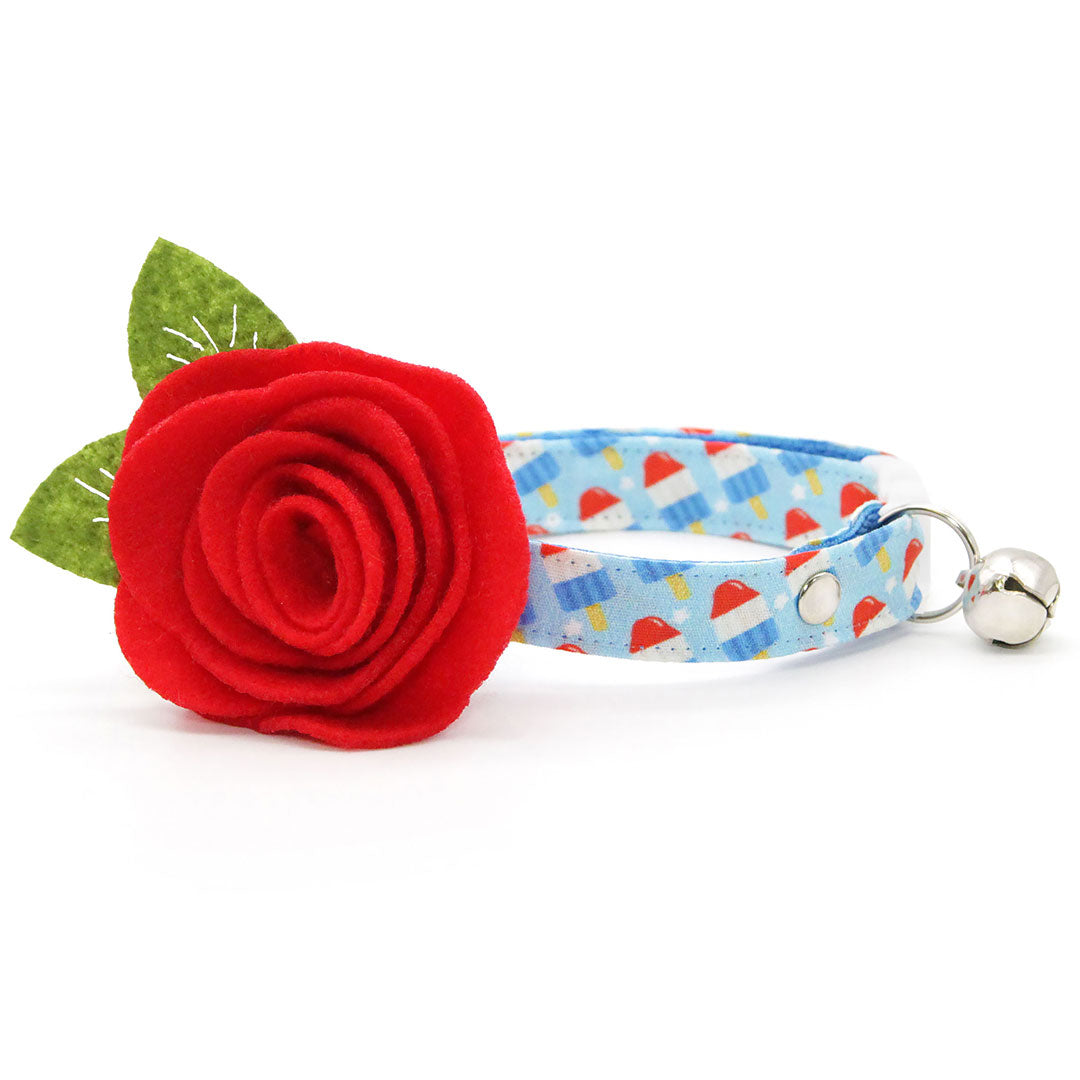 Cat Collar + Flower Set - "Rocket Pop" - Red White & Blue Popsicle Cat Collar w/ Red Felt Flower (Detachable) / Patriotic, 4th of July / Cat, Kitten + Small Dog Sizes