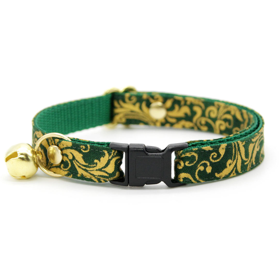 Cat Collar + Flower Set - "Royal Emerald" - Green & Gold Regal Cat Collar + Specialty Christmas Red Poinsettia Felt Flower (Detachable)