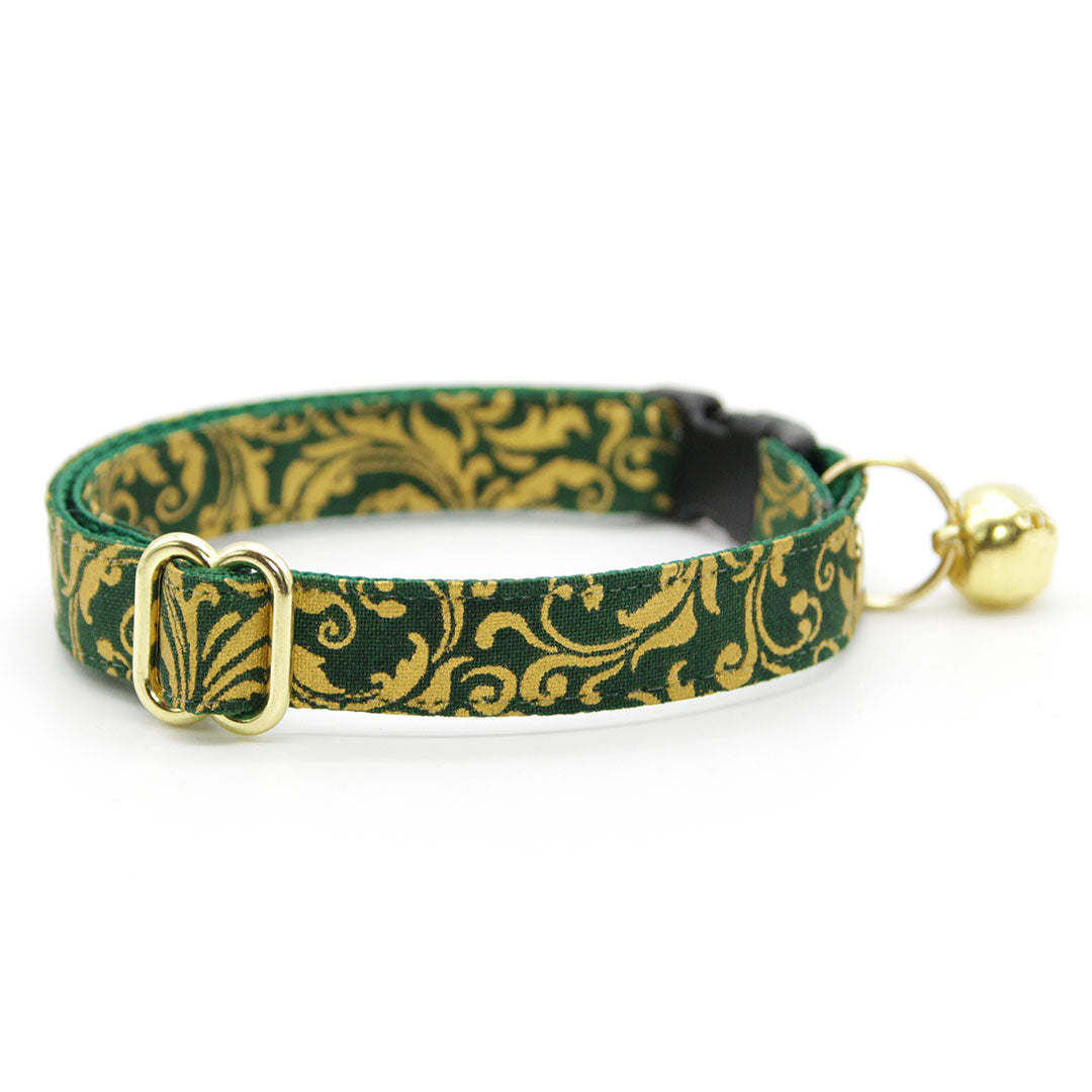Cat Collar + Flower Set - "Royal Emerald" - Green & Gold Regal Cat Collar + Specialty Christmas Red Poinsettia Felt Flower (Detachable)