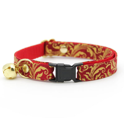 Cat Collar + Flower Set - "Royal Ruby" - Red & Gold Regal Cat Collar + Specialty Christmas Red Poinsettia Felt Flower (Detachable)