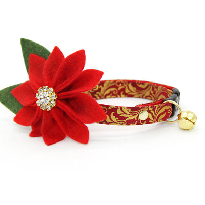 Cat Collar + Flower Set - "Royal Ruby" - Red & Gold Regal Cat Collar + Specialty Christmas Red Poinsettia Felt Flower (Detachable)