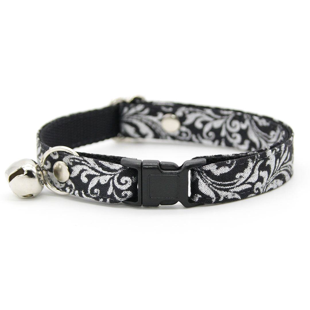Cat Collar + Flower Set - "Royal Sterling" - Silver & Black Regal Cat Collar + Specialty Elegance White Felt Flower (Detachable)